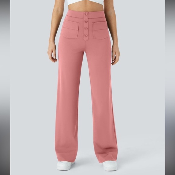 HALARA Pants - Halara | Pink Pull On Trousers Patch Pockets High Waisted Stretch Button Front